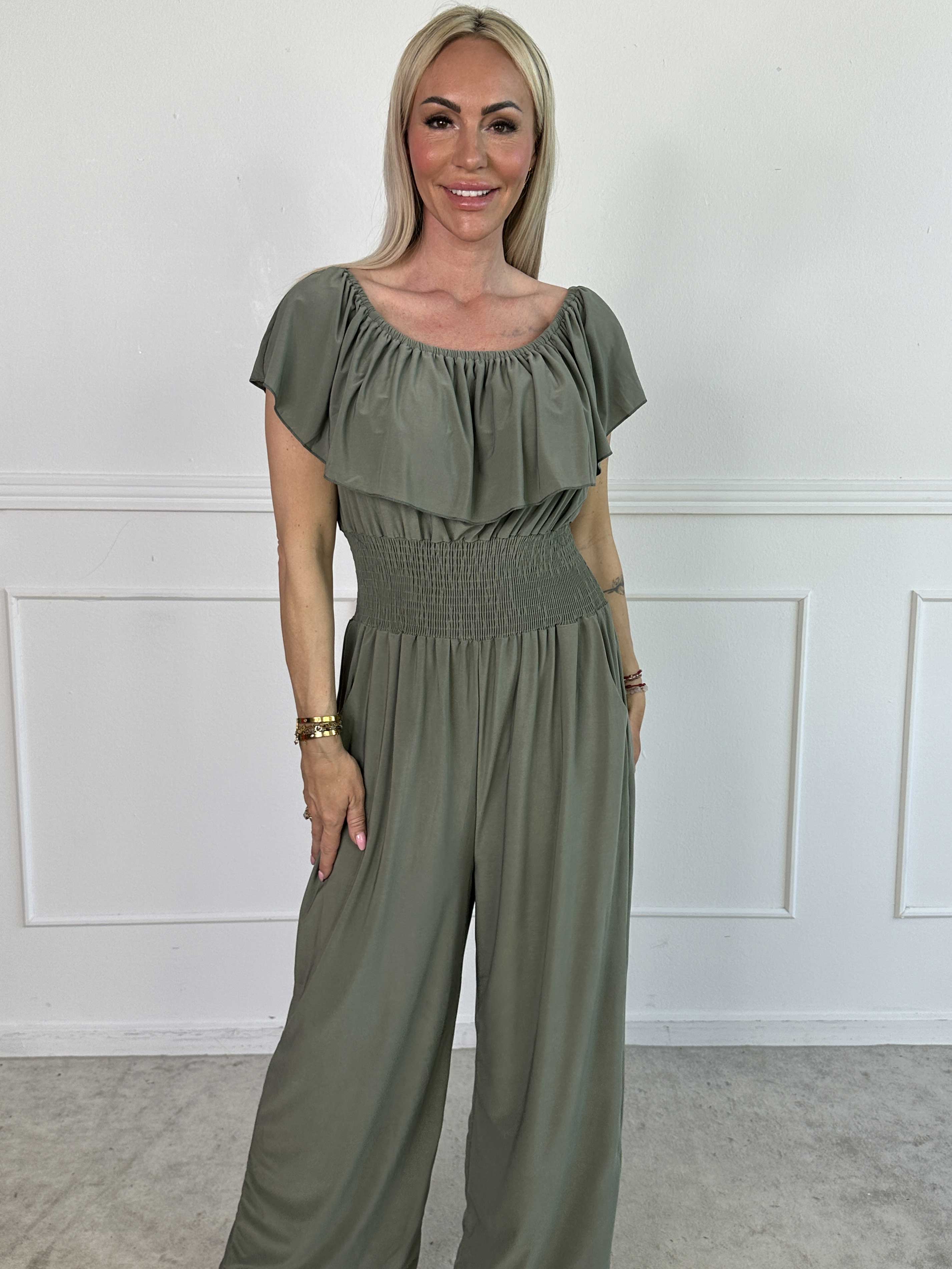 Pams Plain Frill Jumpsuit - Elastisk buksedragt med smock og flæse